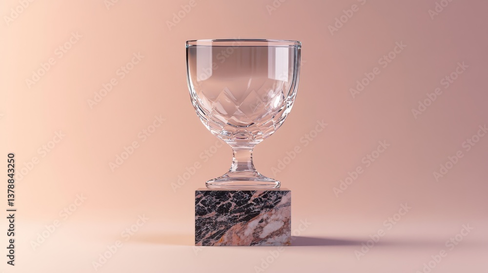 Poster a clear trophy model with a marble base, 3d rendering, showcasing an acrylic design with a transpare