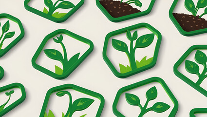 Obraz premium A modern and minimalistic green line art set of icons representing plant shoots, seed germination, and agricultural care, ideal for gardening, sustainability, and organic farming designs.