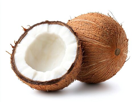Fresh coconut cut in half tropical beach food photography natural setting close-up view healthy snack