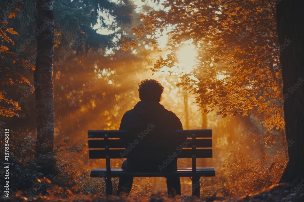 Poster a person enjoys solitude on a bench amidst vibrant autumn foliage, soaking in the warm sunlight that