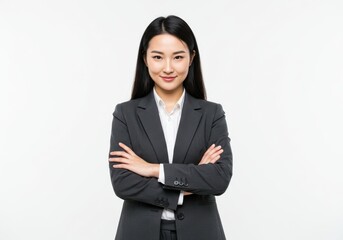 Fototapeta premium Portrait of the beautiful asian businesswoman with arms crossed on a white background