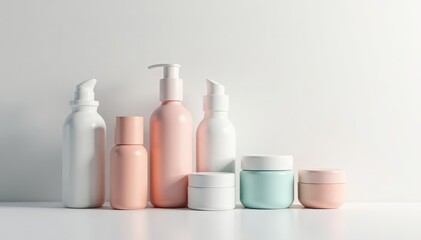 Various cosmetic containers, pure white setting, beauty products, container, clean background