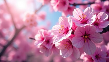 Fototapeta premium Vibrant sakura explosion, full bloom, overlapping petals, bright, background, vibrant