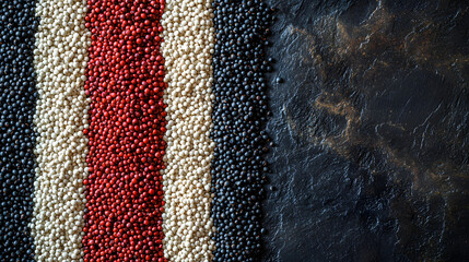 Quinoa grains in arrangement with white, black, and red grains