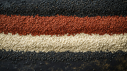 Quinoa grains in arrangement with white, black, and red grains
