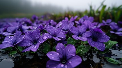 Hazy marshlands with periwinkle flowers nature photography early morning tranquil environment close-up view
