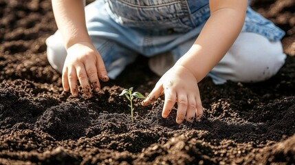 A child plants a sprout in the ground