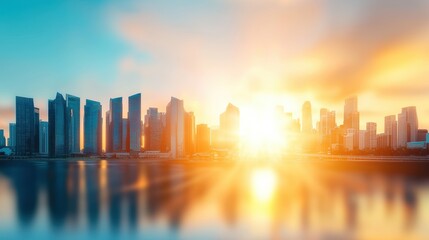Fototapeta premium Skyline Panoramic skyline view of a bustling metropolis reflecting on a calm river.