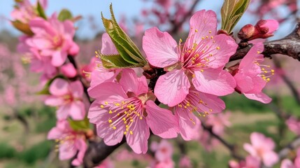 Close-Up of Pink Cherry Blossoms in Full Bloom with Delicate Petals and Yellow Stamens.