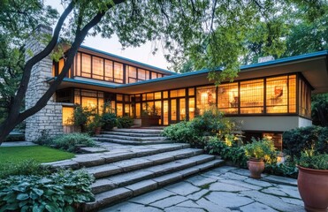 Naklejka premium A large, rustic stone and wood home in the modern style with large windows, terraces, a pastel blue roof, and tan stucco walls, overlooking a beautiful green yard at 