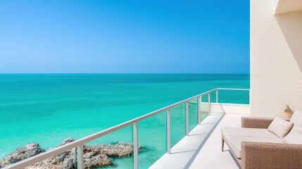 Fototapeta premium Hotel Scenic hotel balcony with a stunning ocean view and elegant outdoor seating.