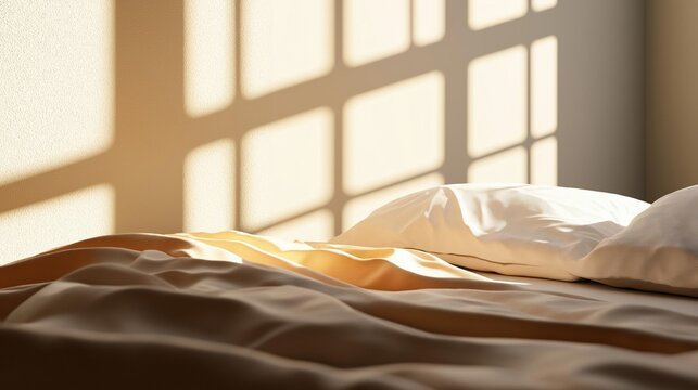 Close-up of a bed with white sheets and pillows. the bed is in front of a window with a grid-like pattern on the wall. the sunlight is shining through the window, creating a warm glow on the bed.
