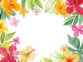 Obraz premium Vibrant Watercolor Tropical Flowers and Leaves Border Frame
