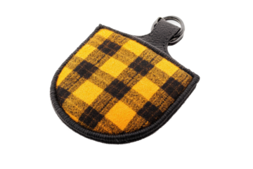 Yellow and black plaid fleece keychain with leather loop, cut out