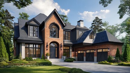 Luxury house exterior with brick and siding trim and double garage.