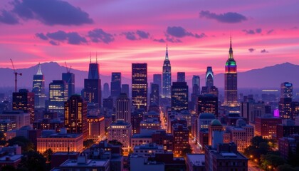 Fototapeta premium Whimsical Cityscape Create a playful cityscape at dusk, with buildings illuminated in soft pink and purple lights.