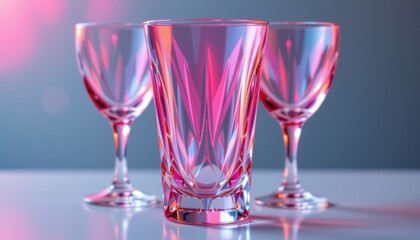 Crystal Glasses Create a close up of crystal glasses catching light, showcasing their reflective surfaces in pink hues.