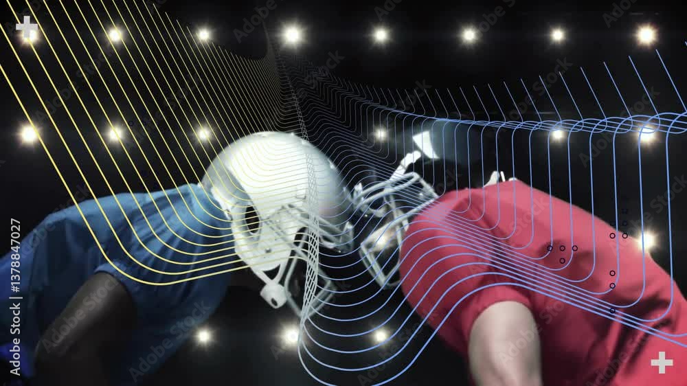 Poster in school, animation of football players in action with dynamic line patterns