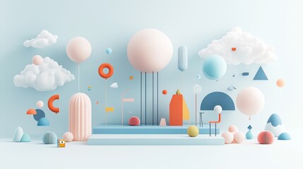 Pastel 3D Scene with Shapes and Clouds