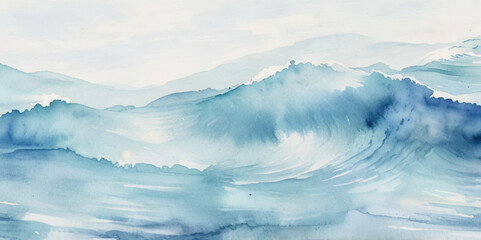 Fototapeta premium Vector watercolor ocean wave line blue and white background. Ocean sea art with natural template. Seamless soft blue ocean pattern wave water background. 