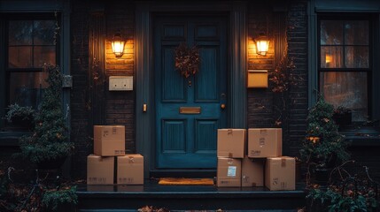 Night delivery at a home; packages on porch, dark exterior