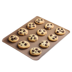 A baking sheet with eleven chocolate chip cookies arranged neatly on it