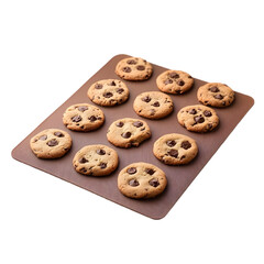 A dozen chocolate chip cookies on a brown baking mat against black background