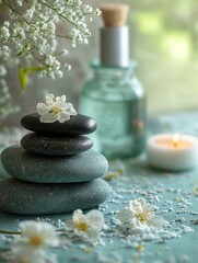 Serene spa setting with stones and flowers.