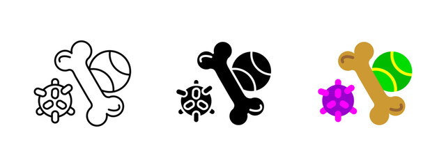 Pet toy icon. Set of dog toys including bone, tennis ball, and rubber chew ball vector illustration. Fun and colorful items for playing and training domestic animals.