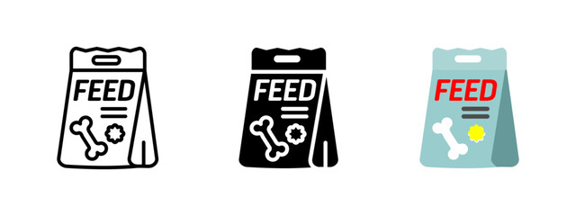 Pet food icon. Dog and cat feed bag vector illustration with bone and label. Animal nutrition product symbol for domestic pet care, dry food packaging and veterinary supply.