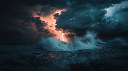 Dramatic ocean storm with lightning illuminating dark clouds at dusk