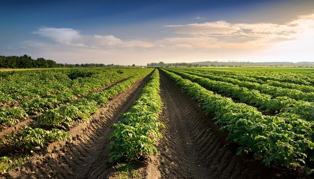 row of potato crops in a green field d9