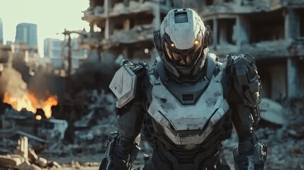 Obraz premium Soldier surveys the destruction in a post-apocalyptic urban landscape after a devastating conflict