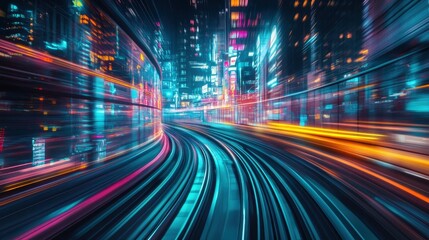 Fototapeta premium Vibrant cityscape at night with speeding train creating motion blur and bright neon lights