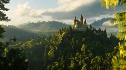 Naklejka premium Majestic Structure Nestled In Lush Woodland At Dawn