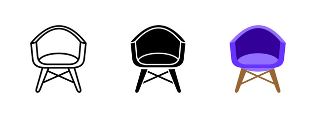 Chair icon. Purple armchair with wooden legs vector illustration. Stylish furniture symbol for home interiors, modern seating arrangements and contemporary room decor elements.