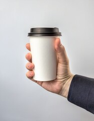 Mockup de una mano masculina sosteniendo un vaso de café de papel sobre un fondo gris claro. – Imagen de alta calidad