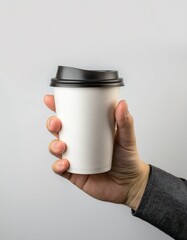 Mockup de una mano masculina sosteniendo un vaso de café de papel sobre un fondo gris claro. – Imagen de alta calidad