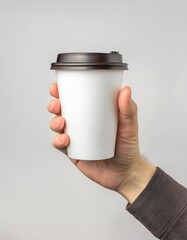 Mockup de una mano masculina sosteniendo un vaso de café de papel sobre un fondo gris claro. – Imagen de alta calidad