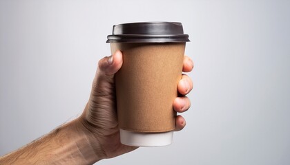 Mockup de una mano masculina sosteniendo un vaso de café de papel sobre un fondo gris claro. – Imagen de alta calidad