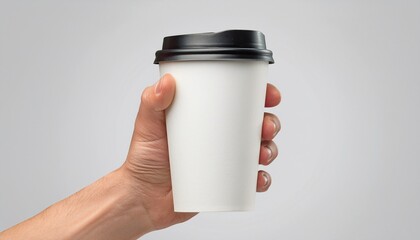 Mockup de una mano masculina sosteniendo un vaso de café de papel sobre un fondo gris claro. – Imagen de alta calidad