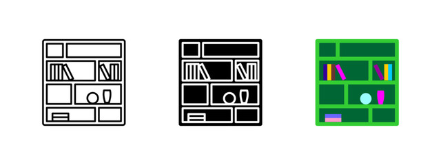 Bookshelf icon. Green modern book storage unit with books and decorative items vector illustration. Furniture symbol for interior design, home organization and reading space.