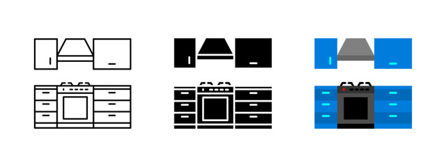 Kitchen cabinet icon. Modern kitchen setup with stove, oven, extractor hood and storage drawers vector illustration. Interior design element for culinary and cooking space visuals.