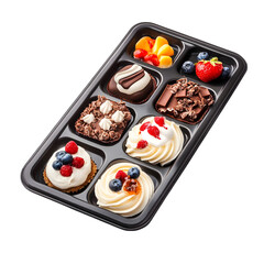 Assorted mini desserts in a black tray with fruit and chocolate toppings