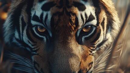 Striking tiger gazes through dense foliage in a lush jungle environment during twilight hours