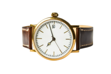 Classic gold wristwatch with brown leather strap displaying noon, cut out