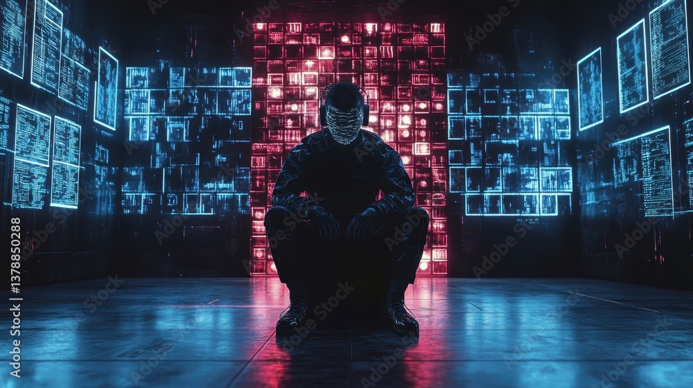 Poster exploring a digital landscape filled with vibrant data visuals and intricate patterns at late night