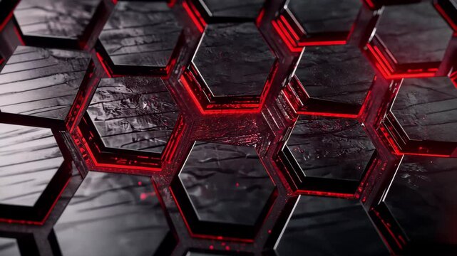 Evil AI hive mind with red rays emerging from seamless hexagonal pattern in dark environment, Evil AI hive mind red rays morphing 3d seamless