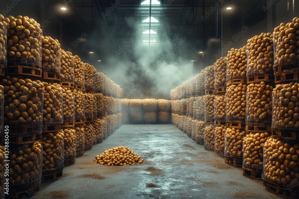 Poster rows of wooden crates brimming with potatoes fill a vast storage warehouse, where a scattered pile a