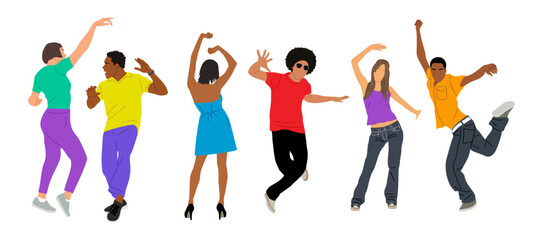 Set of young men and women dressed in trendy clothes dancing at club or music concert. Collection of male and female cartoon characters having fun at dance party. Flat colorful vector illustration.